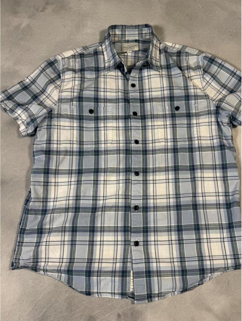 Lucky Brand Men’s Large Plaid Short Sleeve Snap Button Shirt Blue Green